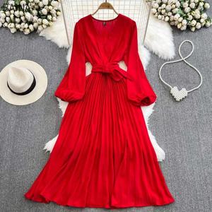 Nuevos Vestidos Elegantes Plisados Retro con Mangas Largas Tipo Linterna, Cintura Alta, Corte en A, Estilo Celebridad, Ropa Versátil para Mujer - Product Image 2