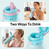 Botol Air Stainless Steel 2 in 1 dengan Tutup Lipat Satu Tangan, Sedotan & Corong Minum Ganda, Portabel, Dilengkapi Tali Jinjing, Mulut Lebar, Anti Selip