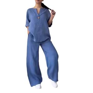 <span class=keywords><strong>Set</strong></span> Casual in Cotone e <span class=keywords><strong>Lino</strong></span> per <span class=keywords><strong>Donna</strong></span>: Top Comodo e Ampio con Colletto a Fiocco e Pantaloni a Gamba Larga - Product Image 5