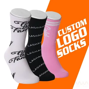 Kaus kaki Logo kustom desain kaus kaki kasual pria katun kru khusus Jacquard bordir cetak