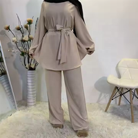Co Ord 2 pièces costume Abaya Nida musulman islamique vêtements femmes à manches longues lâche couleur unie ceinture libre chemisier et pantalon ensemble Abaya