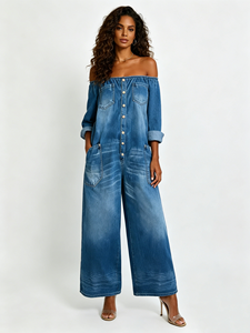 Combinaison <span class=keywords><strong>en</strong></span> <span class=keywords><strong>jean</strong></span> délavé à épaules dénudées pour femme, sexy, boutonnée, style streetwear, moulante, tenue une pièce tendance - Product Image 6