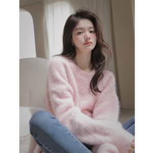 Lait doux rose <span class=keywords><strong>pull</strong></span> <span class=keywords><strong>de</strong></span> noël femmes automne et hiver Style ample et languissant Style Hong Kong Vintage <span class=keywords><strong>Chic</strong></span> tricot épais - Product Image 2