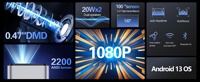 Proyector de Cine en Casa Inteligente Android 13 DLP para Exteriores, 1080P Ajustable, 2200ANSI, Alto Lumen, 4K-Láser, 3D, para Juegos y TV