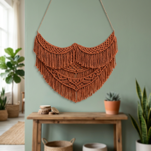 Tapiz de Pared de Macramé de Algodón Bohemio Hecho a Mano, Color Naranja Óxido, con Flecos Geométricos - Product Image 1