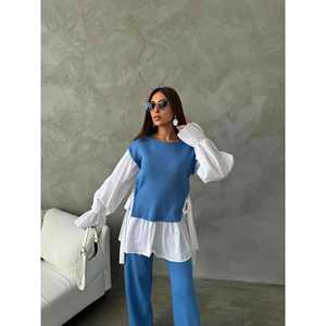 Conjunto de Punto de Lana Otoñal 1503 Camisa con Patrón de Rayas Bordada con Decoración de Bordado e Impresión - Product Image 3