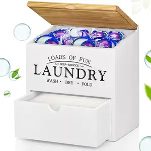 Wooden Dryer Sheet Container for Laundry Room Organization with Lid and Drawer Laundry Detergent Dispenser Organizer Box