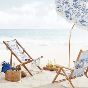 Деревянные полосатые пляжные стулья LOTUS с кисточками, садовые складные стулья с зонтиками