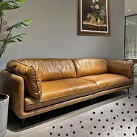 Canapé en cuir véritable ciré à l'huile, style minimaliste italien, compact et vintage, ensemble de meubles de salon à lignes droites pour hôtels