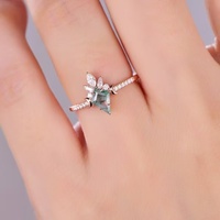 Bague en argent sterling 925 avec agate mousse taille cerf-volant, ensemble de bijoux, bagues de fiançailles en quartz vert naturel