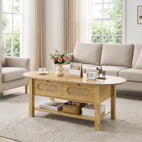 Table basse ovale avec rangement, style bohème, design en rotin ovale avec deux tiroirs de rangement pour salons et appartements