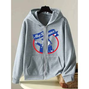 Sweat-shirt à capuche zippé imprimé pour femme AHO-BAUSE – Manteau décontracté de printemps – Tissu écologique à séchage rapide en Spandex/Polyester - Product Image 1