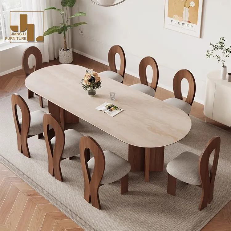 Mesa de comedor ovalada de lujo moderna, marco de madera, tapa de pizarra, mesa de comedor de nogal, hotel, villa, mesa de comedor y juego de muebles para 6 sillas