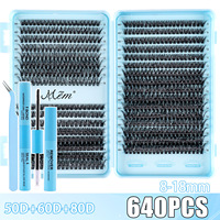 Kit de faux cils en grappes 640 segments 10D-80D, cils individuels en grappes pour livre de cils DIY, cils volumineux et épais, cils effet fleur