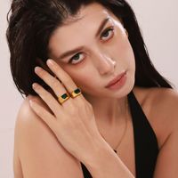 Bague en zircone cubique taille émeraude pour femme, bande large en acier inoxydable plaqué or, pierres vertes et violettes