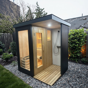 Sauna extérieur moderne personnalisé en <span class=keywords><strong>bois</strong></span> massif avec porte latérale panoramique et <span class=keywords><strong>douche</strong></span> à vapeur - Product Image 2