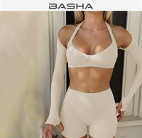 Nouvel ensemble de sport 3 pièces pour femme : haut à manches longues coupe ajustée, séchage rapide, ensemble de yoga sexy, soutien-gorge court à encolure licou et short