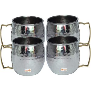 PARIJAT Handicraft <b>Set</b> 4 Stainless Steel Moscow Mule <b>Mugs</b> 16 Ounce Insulated Brass Handle Ceramic Coffee Beer Cup Brass-Handle - Product Image 1