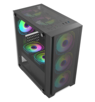 Casing PC Mid Tower Desktop dengan Kaca Temper dan Metal Mesh, Kabinet CPU ATX, Pendingin, untuk Gaming
