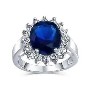 SKA Jewelry silver wedding rings 5CT Blue Oval Imitation Sapphire CZ Engagement Ring Silver Plated