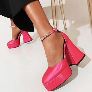 Sandales d'été élégantes pour femme à talon épais, bout carré, avec bride à boucle ornée de diamants, chaussures habillées pour mariages et soirées, taille 43 - Product Image 5