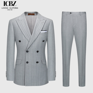 Completo da Uomo Elegante <span class=keywords><strong>Grigio</strong></span> a Righe <span class=keywords><strong>Doppiopetto</strong></span> con Risvolto a Punta Vestibilità Slim 3 Pezzi - Product Image 2