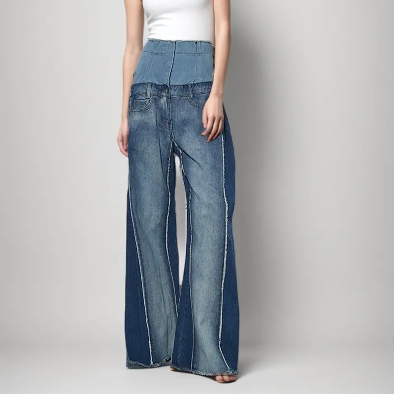 TWOTWINSTYLE Vente en gros Colorblock Patchwork Poches Casual Denim Pant High Waist Jeans pour femmes