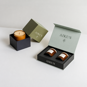 Ensemble cadeau de bougies parfumées Aikun en verre ambré en deux parties avec boîte de protection, logo personnalisé OEM ODM pour la vente au détail en boutique - Product Image 1
