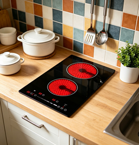 Table de cuisson électrique encastrable en céramique noire à commande tactile avec 2 brûleurs pour usage domestique, plaque à induction facile à nettoyer - Product Image 3