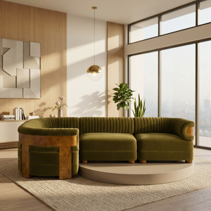 <span class=keywords><strong>Divano</strong></span> Sezionale Modulare di Lusso FERLY in Legno Burl, Design Italiano, Velluto Verde Muschio, <span class=keywords><strong>Divano</strong></span> <span class=keywords><strong>a</strong></span> L con Schienale Scanalato per Villa - Product Image 1