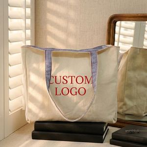 Bolsa de Mano de Lona de Algodón con Asa a Rayas, Logotipo Personalizado, Gran Capacidad, Reutilizable, para Compras o Playa - Product Image 4