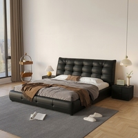 Cadre de lit moderne de luxe italien minimaliste avec tête de lit carrée capitonnée en cuir noir, lit King ou Queen pour chambre principale