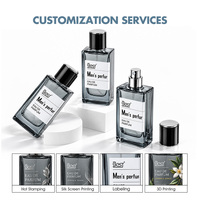 Parfum de luxe pour homme 30ml/50ml/100ml Flacon carré en verre gris clair avec emballage noir et or imprimé à l'écran et vaporisateur à pompe
