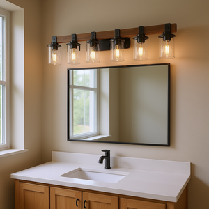 Applique murale rustique moderne pour salle de bain, style ferme, 6 lumières, abat-jour en bois et verre, blanc chaud 2700K - Product Image 2