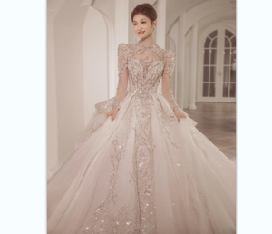 Gaun Pengantin Lengan Panjang Pengantin Baru Mewah Industri Berat Kereta Besar Gaun Pengantin Tekstur Senior - Product Image 1