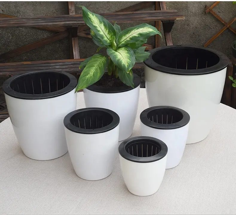Deepbang potes absorventes de plantas, potes absorventes de rega automática de tamanho pequeno, branco, com rega automática, flor de plástico