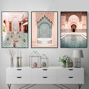 Fas kemer eski kapı tuval boyama İslam bina duvar sanat posterleri Hassan Ii cami baskı İslam dekor duvar sanatı çerçeve ile