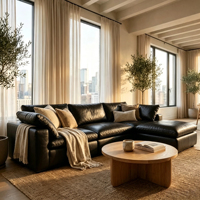 Ensemble de canapés modulaires en forme de U en cuir véritable noir de luxe minimaliste italien 7 places pour salon