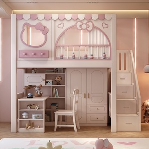 Letto a soppalco moderno JS rosa per bambini, struttura in legno massello resistente con doppio cassetto contenitore, comodo letto <span class=keywords><strong>da</strong></span> principessa per la cameretta delle ragazze - Product Image 1