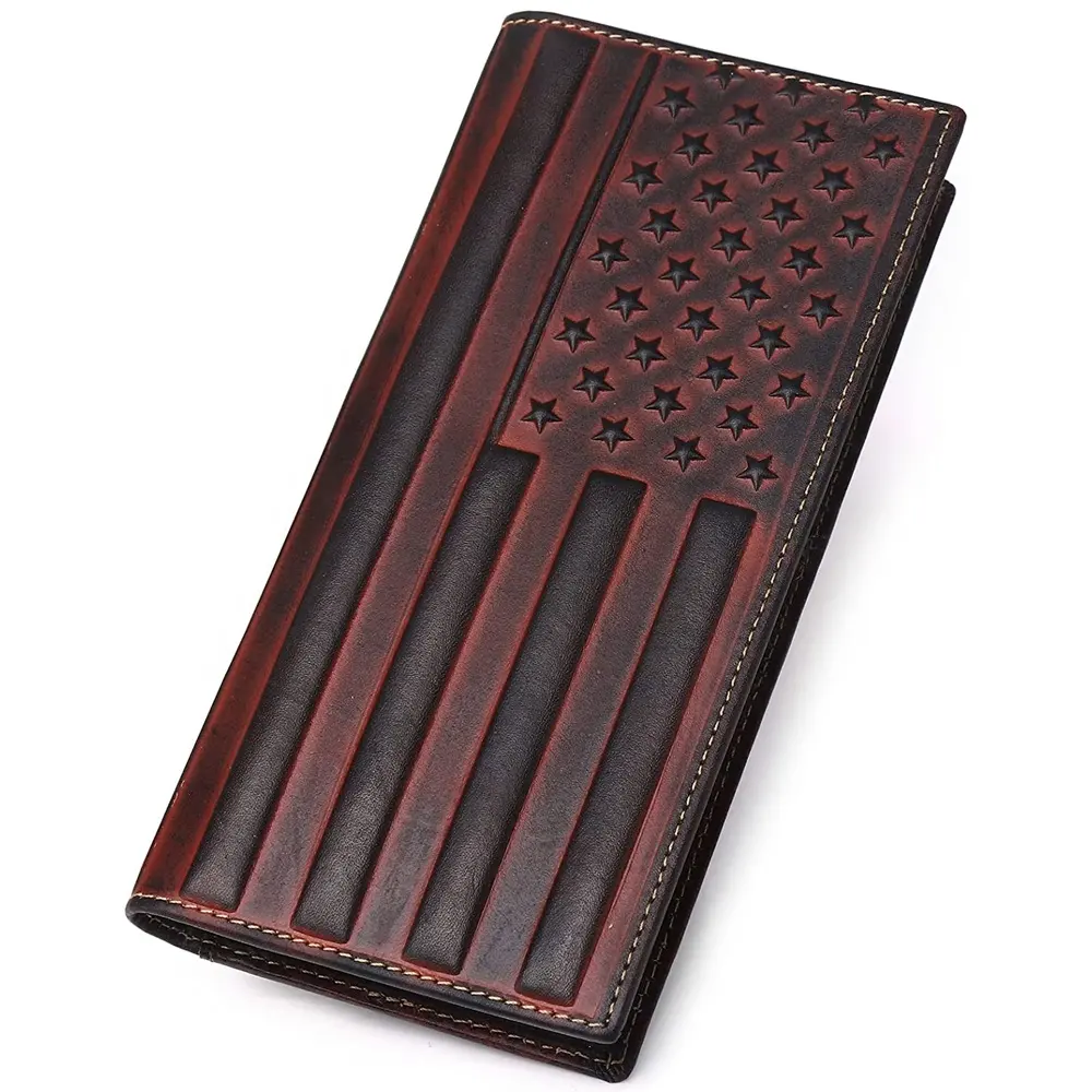 Cowboy Western Leather Wallet For Men US Flag Emboss Long Bifold Tooled Genuine Leather Card Holder Wallet
