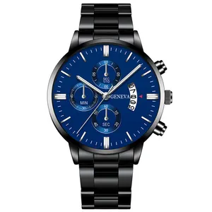 Geneva นาฬิกาข้อมือแฟชั่นผู้ชาย,นาฬิกาสแตนเลสสุดหรูนาฬิกาควอตซ์แสดงวันที่ปฏิทินสำหรับนักธุรกิจ