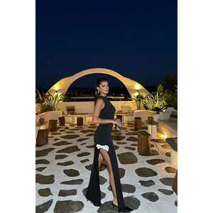 Robe de soirée longue noire coupe trapèze avec nœud, taille empire, col montant, style formel, longueur ras du sol, pour demoiselle d'honneur ou mariée, taille XS - Product Image 2