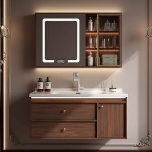 Meuble de salle de bain mural en bois massif avec vasque intégrée en céramique composite et miroir multifonctionnel - Product Image 1