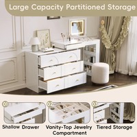Coiffeuse multifonctionnelle blanche réglable avec miroir rabattable, éclairage et 6 tiroirs pour le maquillage