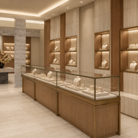 Vitrine de présentation de bijoux en bois naturel minimaliste avec éclairage LED, vitrine de vente au détail personnalisée pour la décoration intérieure de bijouterie de luxe