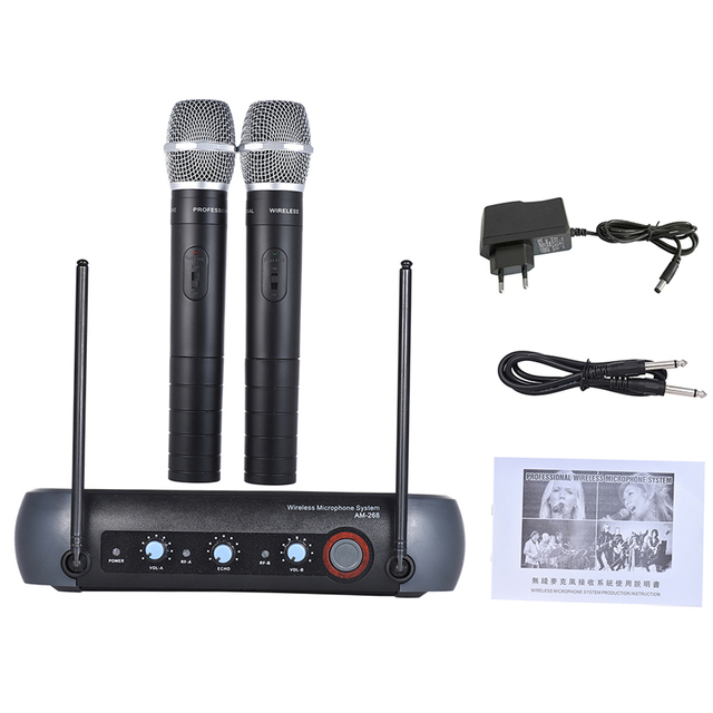 Dual Channel VHF Wireless Handheld Microphone System with Echo Function 2 Microphones & 1 Receiver 6.35mm Audio Cable