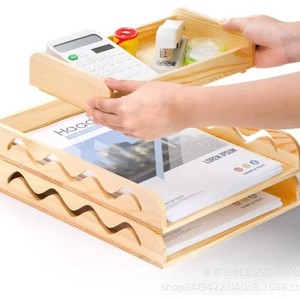 Wooden Stackable Three Tier <b>File</b> Rack Office Desktop Organizer Student Stationery <b>Tray</b> - Product Image 2