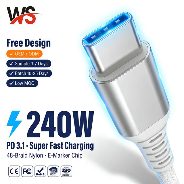 WEISI Wholesale 240W Nylon Braided USB 2.0 Charging Cable Custom Logo OEM Low MOQ Fast Delivery for Cellphone Accessories Brand
