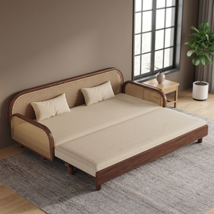 Teak Wood Extendable Reclining Modern Convertible <b>Sofa</b> Bed with Rattan Backrest and Fabric Upholstery for Living Room - Product Image 3