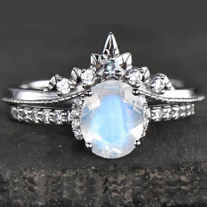 Romantic Crown Oval Cut <b>Crystal</b> Engagement <b>Ring</b> Women's 925 Silver Rhodium Plated Pave Setting Prong Mounting - Product Image 5